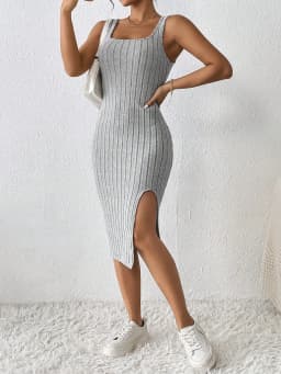 Spring/Summer Solid-Colour Striped Slit Flared Skirt Dress, Fitted Tank Dress for Women