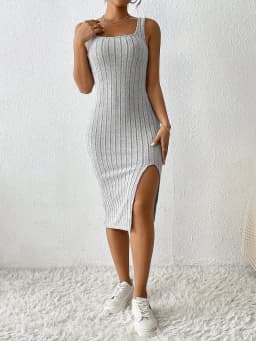 Spring/Summer Solid-Colour Striped Slit Flared Skirt Dress, Fitted Tank Dress for Women