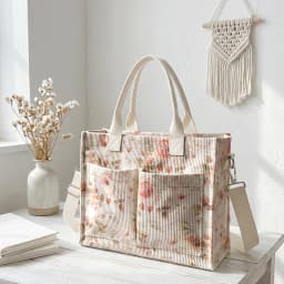 Watercolor Pink Rose Print Corduroy Tote Bag Large Capacity Multi Pocket Floral Lover Commuter Shoulder Bag