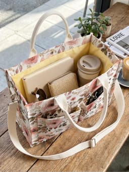 Watercolor Pink Rose Print Corduroy Tote Bag Large Capacity Multi Pocket Floral Lover Commuter Shoulder Bag