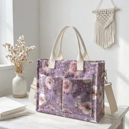 Watercolor Pink Rose Print Corduroy Tote Bag Large Capacity Multi Pocket Floral Lover Commuter Shoulder Bag