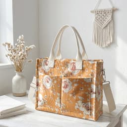 Watercolor Pink Rose Print Corduroy Tote Bag Large Capacity Multi Pocket Floral Lover Commuter Shoulder Bag