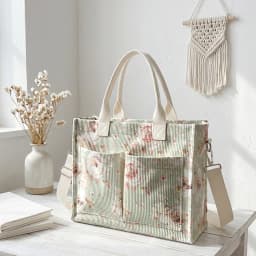 Watercolor Pink Rose Print Corduroy Tote Bag Large Capacity Multi Pocket Floral Lover Commuter Shoulder Bag