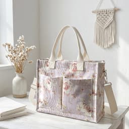 Watercolor Pink Rose Print Corduroy Tote Bag Large Capacity Multi Pocket Floral Lover Commuter Shoulder Bag