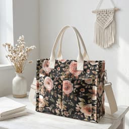 Watercolor Pink Rose Print Corduroy Tote Bag Large Capacity Multi Pocket Floral Lover Commuter Shoulder Bag