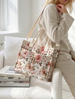 Watercolor Pink Rose Print Corduroy Tote Bag Large Capacity Multi Pocket Floral Lover Commuter Shoulder Bag
