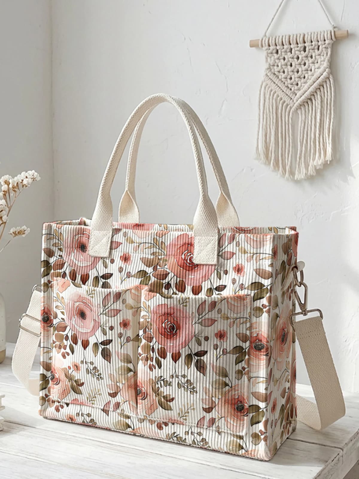Watercolor Pink Rose Print Corduroy Tote Bag Large Capacity Multi Pocket Floral Lover Commuter Shoulder Bag