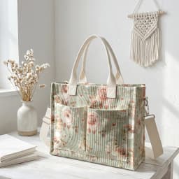 Watercolor Pink Rose Print Corduroy Tote Bag Large Capacity Multi Pocket Floral Lover Commuter Shoulder Bag