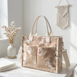 Watercolor Pink Rose Print Corduroy Tote Bag Large Capacity Multi Pocket Floral Lover Commuter Shoulder Bag