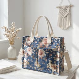 Watercolor Pink Rose Print Corduroy Tote Bag Large Capacity Multi Pocket Floral Lover Commuter Shoulder Bag