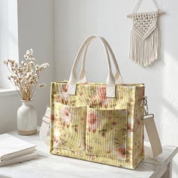Watercolor Pink Rose Print Corduroy Tote Bag Large Capacity Multi Pocket Floral Lover Commuter Shoulder Bag