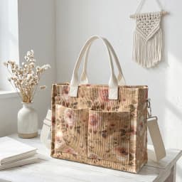 Watercolor Pink Rose Print Corduroy Tote Bag Large Capacity Multi Pocket Floral Lover Commuter Shoulder Bag