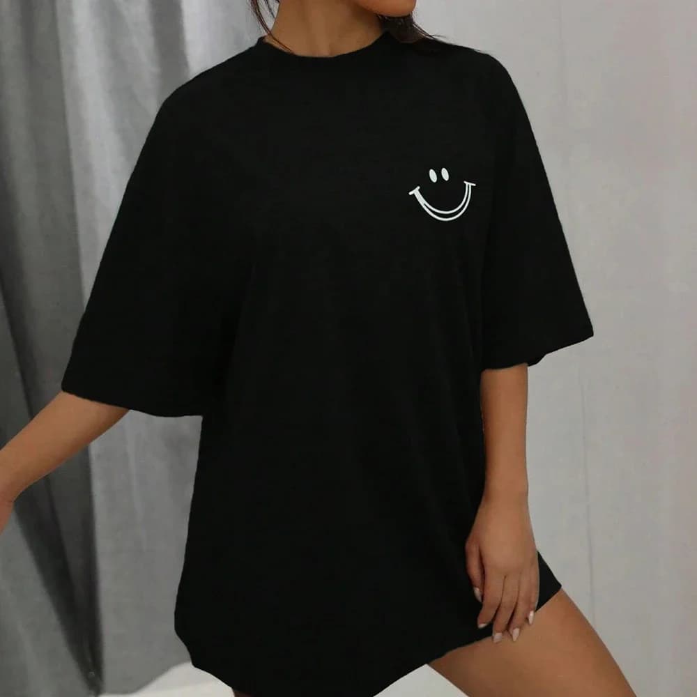 Women T-shirt Smiley Face Graphic Tees Summer Loose Black Short Sleeve O-Neck Casual Tops Streetwear Y2K Aesthetic