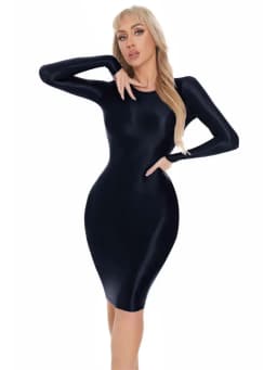M XL Long Sleeve Golssy Shiny Midi Dress Tights Package Hip Minifalda Sexy Clubwear Vestido Bodycon Dresses Bodystocking Robe