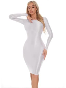 M XL Long Sleeve Golssy Shiny Midi Dress Tights Package Hip Minifalda Sexy Clubwear Vestido Bodycon Dresses Bodystocking Robe