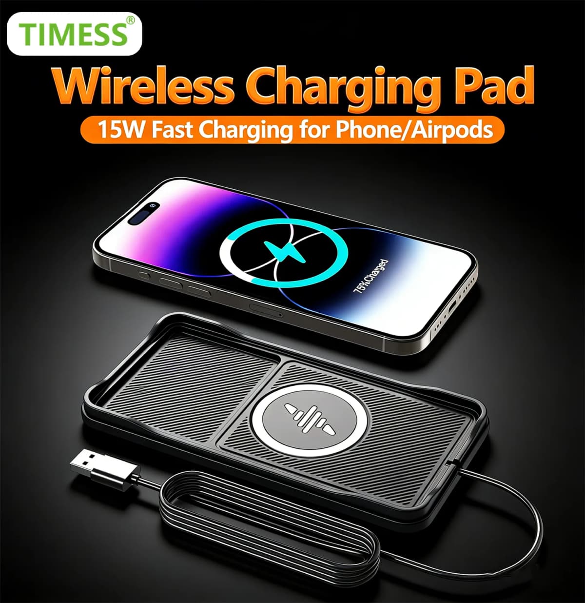 TIMESS Fast Car Wireless Charging Pad Non Slip Charger Station Stand for IPhone17 16 15 14 PRO MAX Airpods 3 2 Pro for Android