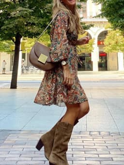 2026 Women's Casual and Elegant V-Neck Floral Long-Sleeved Comfortable Knee-Length Dress, Suitable for Daily Travel 1