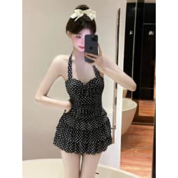 Sweet Red Polka Dot Halter One Piece Swimsuit Dress with Ruched Bodice Ruffle Hem Modest Swimwear for Beach Pool Vacation