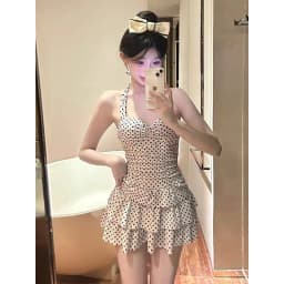 Sweet Red Polka Dot Halter One Piece Swimsuit Dress with Ruched Bodice Ruffle Hem Modest Swimwear for Beach Pool Vacation