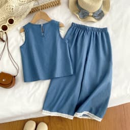 Kids Clothes Girls Summer Fashion Cowboy Blue Lace Bow+Lace Wide Leg Pants Sets Children's Daily Casual Wear