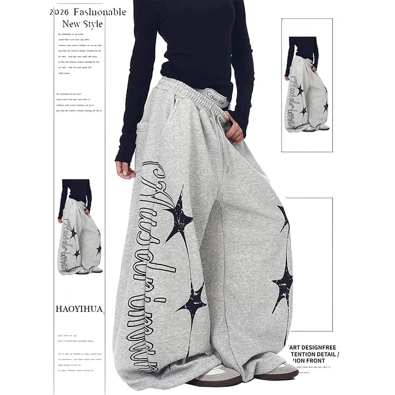 YIBASHU Women Gray Baggy Y2k Sports Pants Harajuku Streetwear Letter Print Sweatpants Oversize Dance Pants 2000s Vintage Trouser