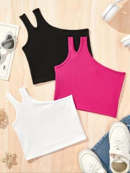 3 Pack Ribbed Crop Top Girls Asymmetric Neck Cami Tank Tops Casual Slim Fit Shirts Black White Hot Pink