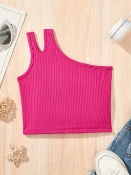 3 Pack Ribbed Crop Top Girls Asymmetric Neck Cami Tank Tops Casual Slim Fit Shirts Black White Hot Pink