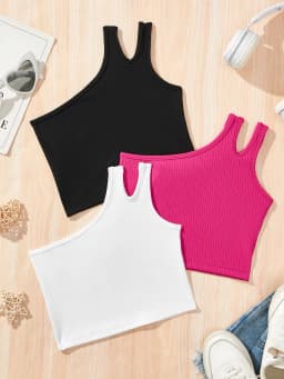3 Pack Ribbed Crop Top Girls Asymmetric Neck Cami Tank Tops Casual Slim Fit Shirts Black White Hot Pink