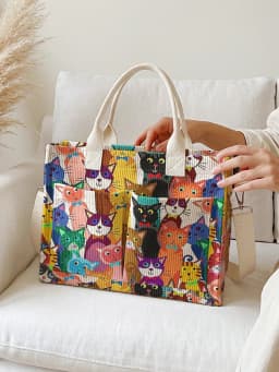 Colorful Cartoon Cats Print Corduroy Tote Bag Large Capacity Multi Pocket Cat Lover Commuter Shoulder Bag