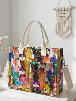 Colorful Cartoon Cats Print Corduroy Tote Bag Large Capacity Multi Pocket Cat Lover Commuter Shoulder Bag