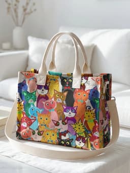 Colorful Cartoon Cats Print Corduroy Tote Bag Large Capacity Multi Pocket Cat Lover Commuter Shoulder Bag