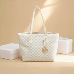 Fashion M Letter Print Tote Bag PU Letter Pendant Large Capacity Handbag Water Resistant Shoulder Bag for Commuting Shopping