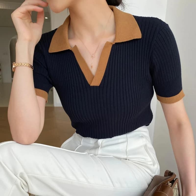 Short Sleeve Polo Neck Knitted Tops Women Lightweight Knitted Sweater Polo Shirts Elegant Office Lady Casual Chic Outfit