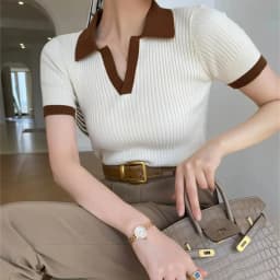 Short Sleeve Polo Neck Knitted Tops Women Lightweight Knitted Sweater Polo Shirts Elegant Office Lady Casual Chic Outfit