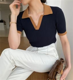 Short Sleeve Polo Neck Knitted Tops Women Lightweight Knitted Sweater Polo Shirts Elegant Office Lady Casual Chic Outfit