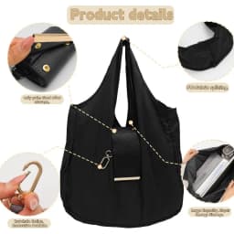 Foldable Tote Bag Women Large Capacity Shoulder Bag Portable Keychain Design Shopping Bag PU Fabric Lightweight Travel Grocery