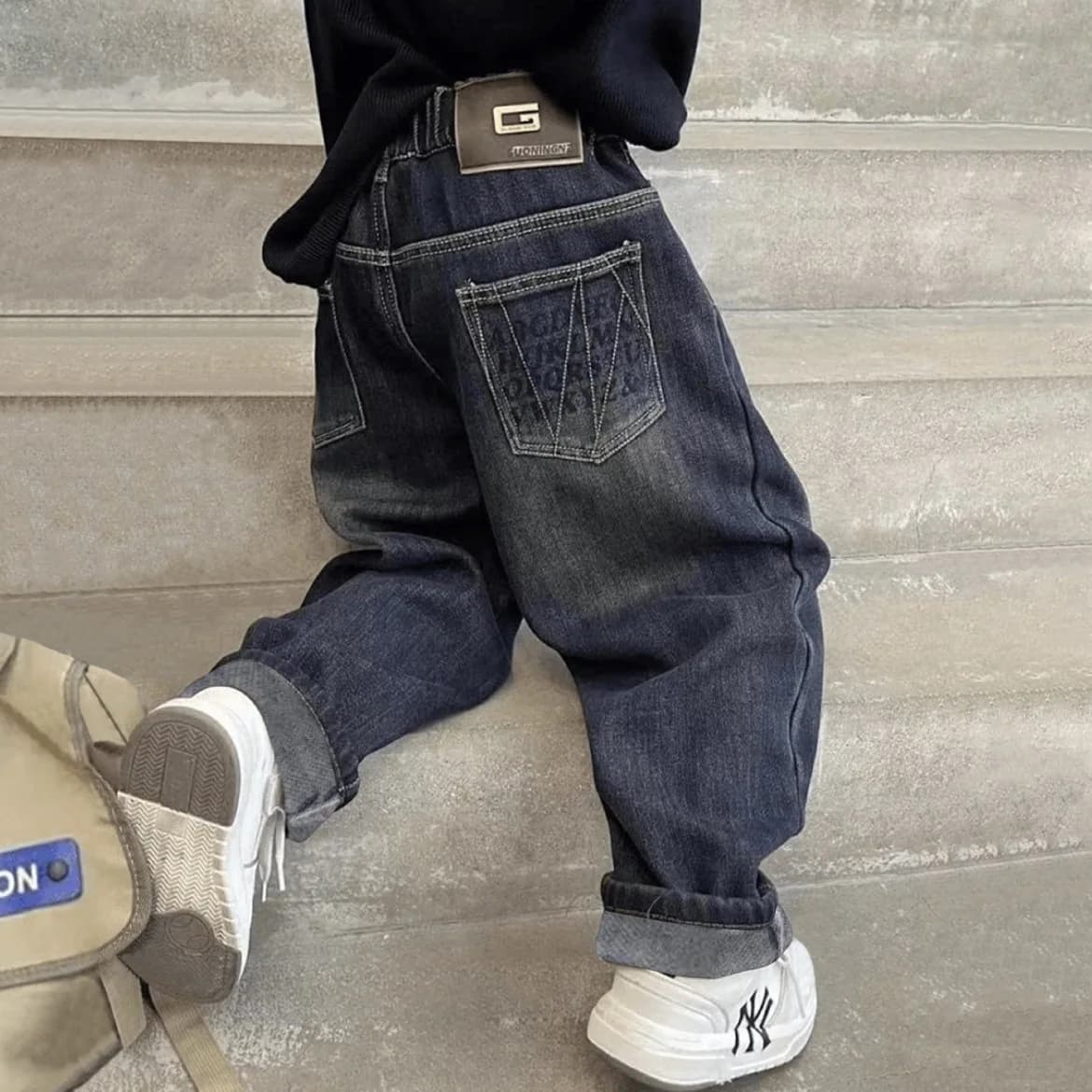 5-14Y Boys Jeans Pants Spring Kids Wide Leg Straight Trousers Autumn Loose-Fit Casual Trousers Children's Trendy Sweatpants