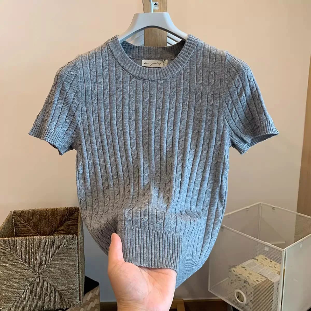 Zjaiss 2026 Summer Korean Retro Elegant Texture Short Sleeve O-Neck Twist Knit Top Women Soft Casual Versatile Thin T-shirt