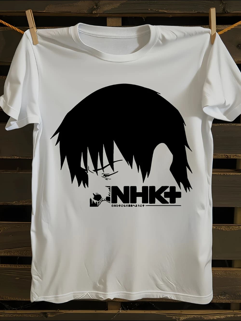 Unisex NHK Anime Graphic T-Shirt White with Black Manga Face& NHK Logo Print- All-Season Casual Streetwear Japanese TV
