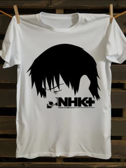 Unisex NHK Anime Graphic T-Shirt White with Black Manga Face& NHK Logo Print- All-Season Casual Streetwear Japanese TV