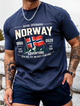 Men's Summer 100% Cotton Fashion Norwegian Style Pattern Printed Casual Loose Round Neck Short Sleeve T-shirt Versatile Top