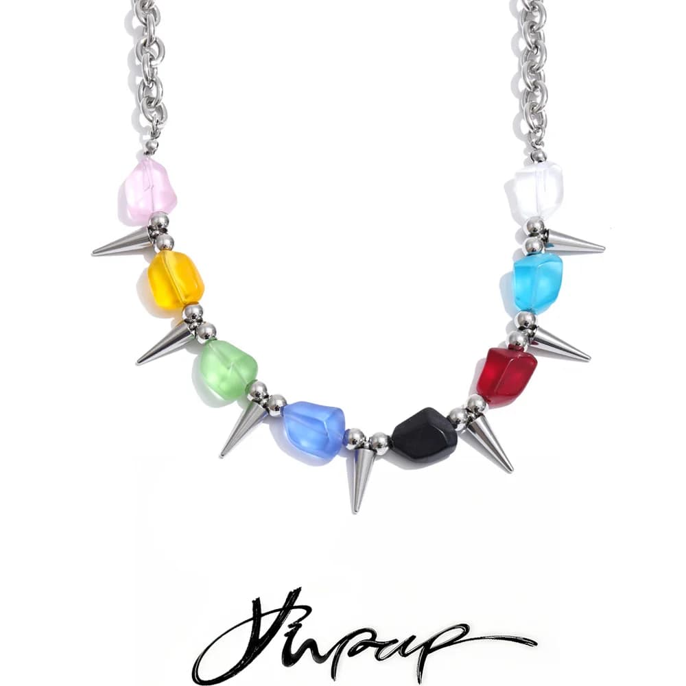 Yhpup 2026 Arrivals Stainless Steel Colorful Acrylic Rivet Drop Necklace Hip-Hop Nightclub Party Wear Unisex Jewelry