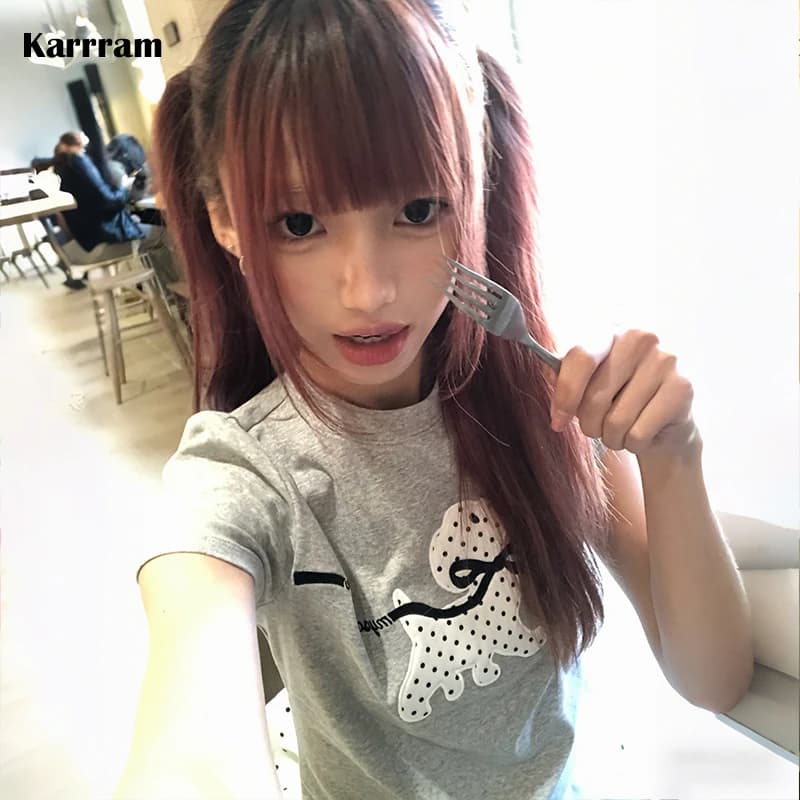 Karrram Japanese Y2k Polka Dot Puppy Print T-shirt 2000s Style Short Sleeve Grey T Shirt Vintage Harajuku Cutecore Tops American
