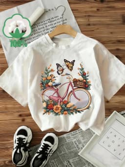 Casual 100% Cotton T-Shirt Women's Y2k Style T-Shirt Graphic Floral Butterfly Bicycle Print Short Sleeve Crew Neck Top Shirt