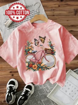 Casual 100% Cotton T-Shirt Women's Y2k Style T-Shirt Graphic Floral Butterfly Bicycle Print Short Sleeve Crew Neck Top Shirt