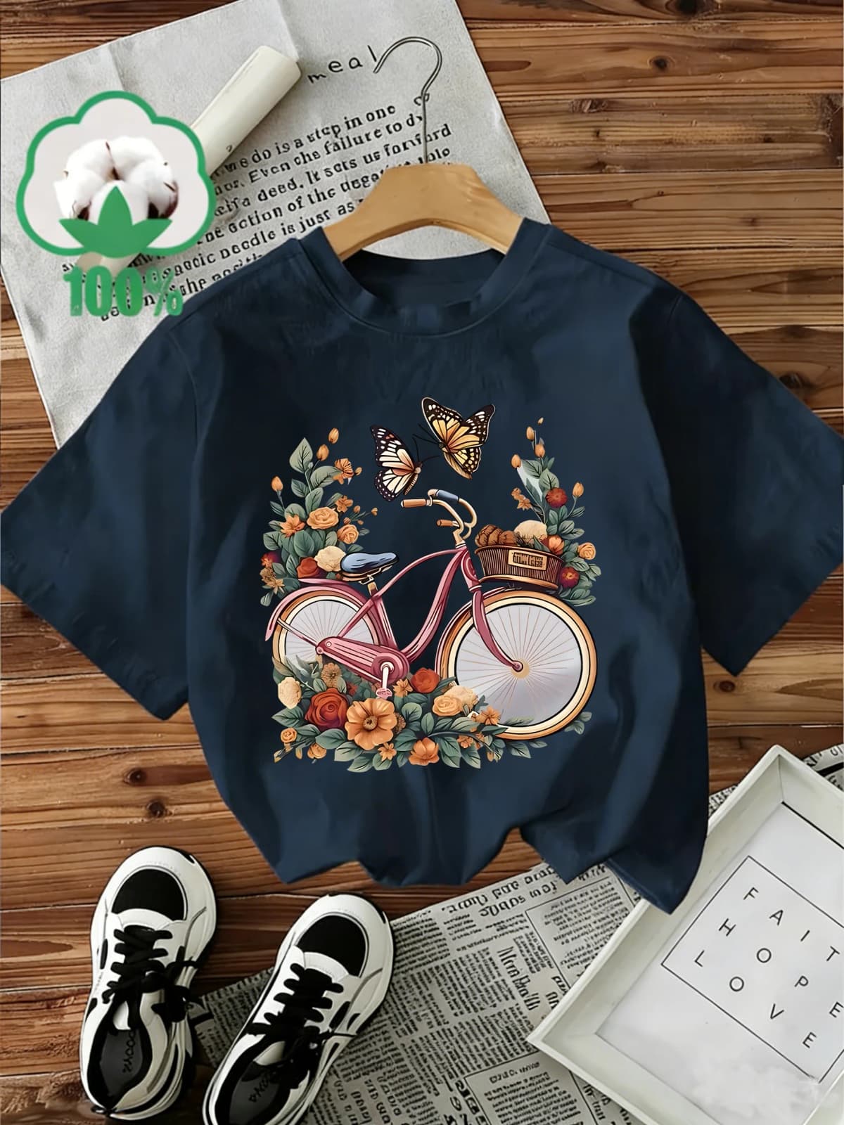 Casual 100% Cotton T-Shirt Women's Y2k Style T-Shirt Graphic Floral Butterfly Bicycle Print Short Sleeve Crew Neck Top Shirt
