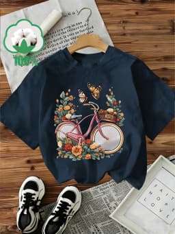 Casual 100% Cotton T-Shirt Women's Y2k Style T-Shirt Graphic Floral Butterfly Bicycle Print Short Sleeve Crew Neck Top Shirt