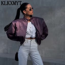 KLKXMYT Fashion Satin Cropped Bomber Jackets For Women 2026 Spring Casual Stand Collar Puff Sleeve Zipper Lady Streetwear Coat