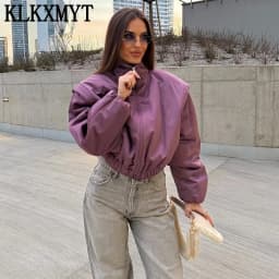 KLKXMYT Fashion Satin Cropped Bomber Jackets For Women 2026 Spring Casual Stand Collar Puff Sleeve Zipper Lady Streetwear Coat