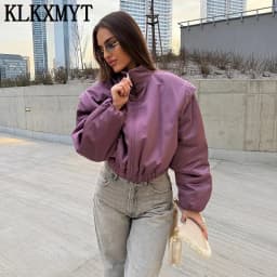 KLKXMYT Fashion Satin Cropped Bomber Jackets For Women 2026 Spring Casual Stand Collar Puff Sleeve Zipper Lady Streetwear Coat